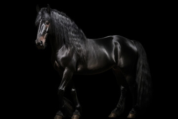 Friesian horse standing black background