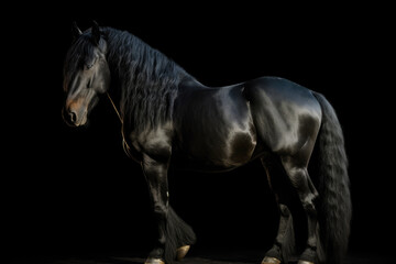 Fototapeta na wymiar Friesian horse standing black background