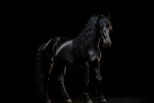 Friesian horse standing black background