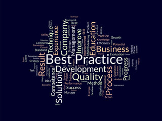 Word cloud background concept for Best Practice. Quality improvement with development idea strategic result. vector illustration.