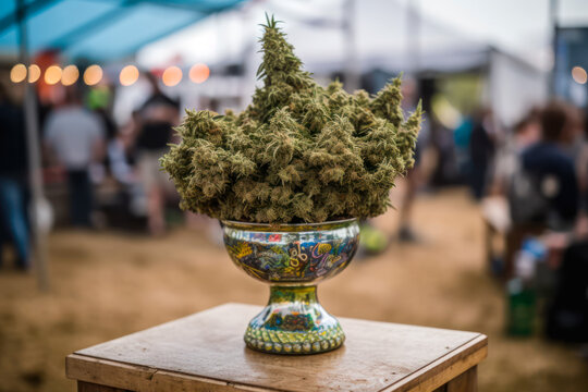 cannabis cup filled with green buds, marijuana festival event generative ai