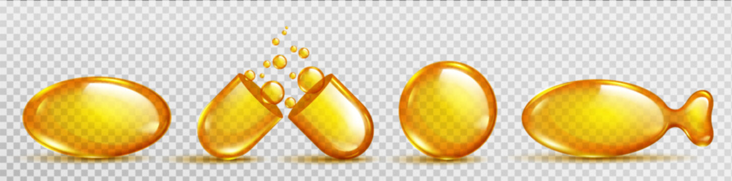 3d isolated oil vitamin d pill fish capsule icon isolated on transparent background. Gold omega medicine with liquid droplet. Medical realistic collagen supplement for skin and hair treatment mockup.