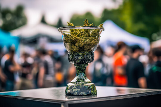 cannabis cup filled with green buds, marijuana festival event generative ai
