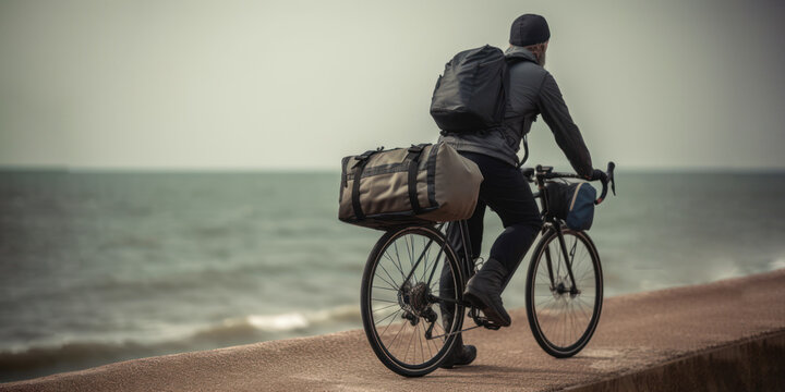cycling travel with bags against the backdrop of the sea, summer bike trip generative ai