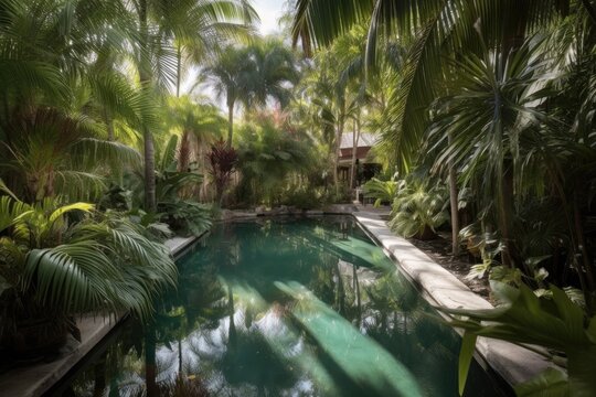 luxurious, serene oasis with crystal-clear swimming pool and garden of palms and cacti, created with generative ai