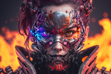 cyborg futuristic fantasy woman with face metal mask on nature background generative ai