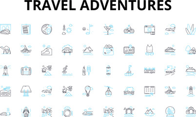 Travel adventures linear icons set. Exploration, Expedition, Journeys, Odyssey, Trekking, Voyages, Escapades vector symbols and line concept signs. Wanderlust,Roaming,Expeditionary illustration