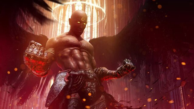 black man angel in the cathedral clenches his iron fists spreading his big wings, he has an athletic muscular body, a glowing furious look, and a plate belt. clean looped 2d animated art