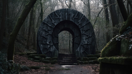 Fototapeta na wymiar stone arch in the mystical forest generative ai