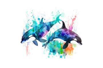 killer whales are drawn with multi-colored watercolors isolated on a white background. Generated by AI