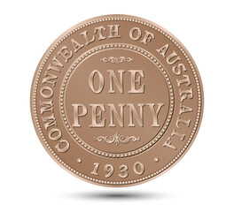 Australia One Penny Coin. Vector illustration.