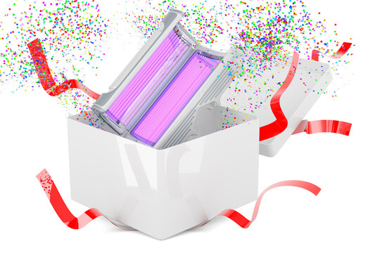 Tanning Bed inside gift box, 3D rendering