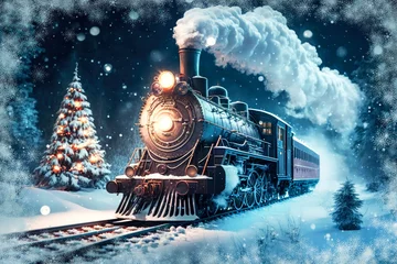 Fototapete Feenwald Old steam locomotive driving at night through a dreamlike snowy forest at christmas time, Generative AI