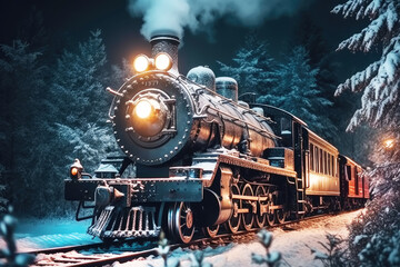 Old steam locomotive driving at night through a dreamlike snowy forest at christmas time, Generative AI
