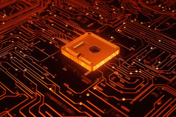 Security Technology Concept with key symbol on a Microchip. Orange Neon Data flows from the CPU across a Futuristic Motherboard. Seamless Loop