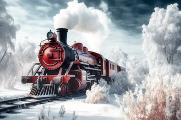 Fototapeta na wymiar Old steam locomotive driving through a dreamlike snowy forest at christmas time, Generative AI