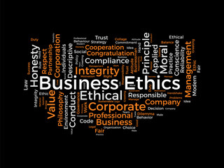 Word cloud background concept for Business Ethics. Corporate integrity, Company principle moral trust of responsibility value. vector illustration.