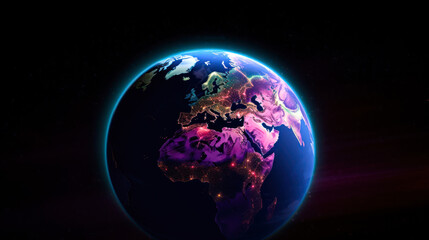 colorful planet earth view from space purple glowing light generative ai