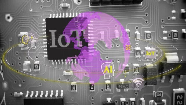 Futuristic IoT Concept with motherboard,rotating globe, 5G, artificial intelligence and wireless animation - Digital motion graphic design with modern tech icons