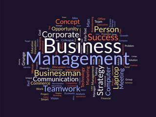 Word cloud background concept for Business Management. corporate communication with marketing solution concept. vector illustration.