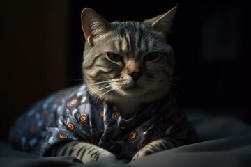 Adorable sleepy cat in PJs created by AI. Generative AI