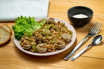 Risoni pasta - Lentil and Chickpea with mushrooms, Crispy Fried Courgette ( Fried Zucchini ) and Salad