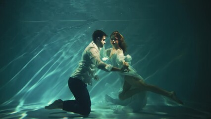 Fantasy gothic romantic couple fall in love man king and woman fashion model posing under water dark blue sea. Wet white dress. Fairy tale sexy girl goddess river nymph d swims drowns guy. Video shoot