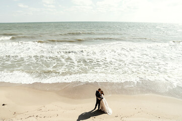 Drone photo of the newlyweds walking along the beautiful beach. Scenic aerial view of a happy...