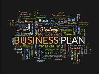 Word cloud background concept for Business plan. Marketing strategy, brainstorming idea management of project success goal. vector illustration.