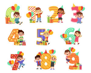 Set of birthday character with number hand drawn illustration