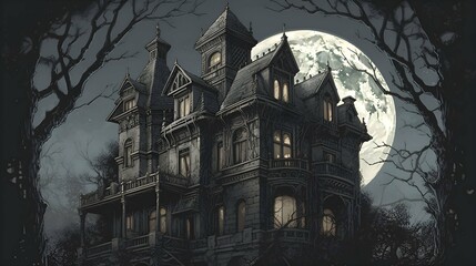 An eerie gothic illustration of a haunted mansion - obrazy, fototapety, plakaty