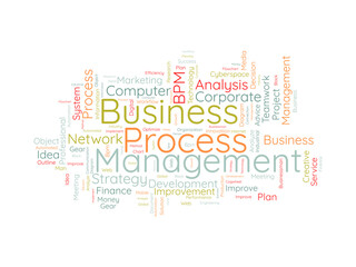 Word cloud background concept for business process management (bpm). strategic business analysis, industry implement idea of financial system solution. vector illustration.