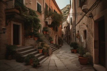 Fototapeta na wymiar A street in Fornalutx, a Mediterranean town on Mallorca/Majorca island. Generative AI