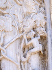 Marble details on facade of Messina Cathedral or Duomo di Messina, Sicily, Italy. Reliefs on wall...