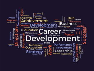 Word cloud background concept for Career development. success strategy, goal achievement management of leadership opportunity. vector illustration.