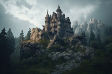 Digital illustration of sinister castle in valley creating eerie mood. Generative AI