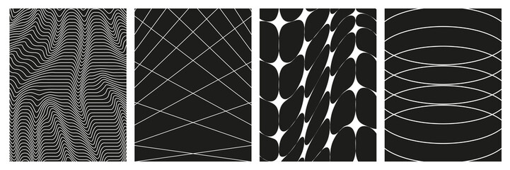 Set of geometry wireframe grid backgrounds in white color on black background. 3D abstract posters, patterns, cyberpunk elements in trendy psychedelic rave style. 00s Y2k retro futuristic aesthetic.