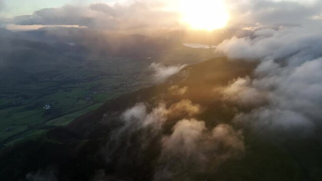 Aerial drone video of a lake in the English Lake District, Cumbria, UK.