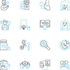 Fototapeta premium Healthcare facility linear icons set. Hospital, Clinic, Ambulatory, Dispensary, Infirmary, Medical center, Nursing home line vector and concept signs. Rehabilitation,Hospice,Urgent care outline