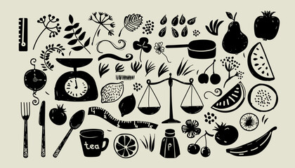 Cooking and kitchen objects hand drawing in doodle style. Set of scale, cup of tea, pomegranate, lemon