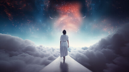 Woman in a white dress walking in a dreamlike enviroment towards the imensity of the universe. Surrounded by clouds.