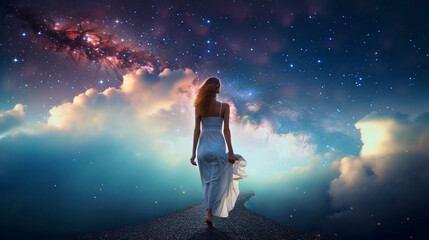 Fototapeta na wymiar Woman in a white dress walking in a dreamlike enviroment towards the imensity of the universe. Surrounded by clouds and stars.