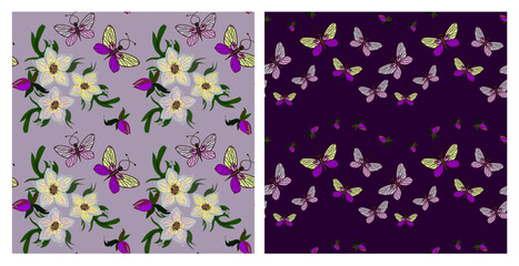 Seamless floral pattern set with blue and violet flowers, green leaves and butterflies on dark and light  background; for wrappers, wallpapers, postcards, greeting cards, romantic events. Hellebore.