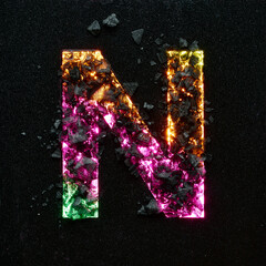 High quality photo of multicolored gradient neon colors capital letter N on black textured...