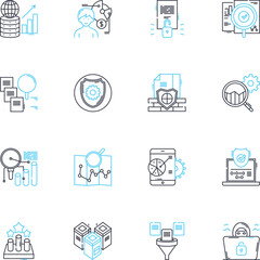 Data management linear icons set. Database, Analytics, Security, Backup, Integration, Migration, Cleansing line vector and concept signs. Storage,Governance,Archiving outline illustrations