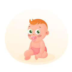 Cute baby girl. Happy child. Vector illustration isolated on white background. Baby shower welcome greeting card.