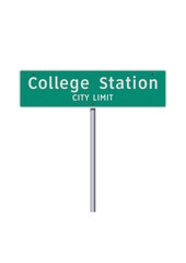 Vector illustration of the College Station (Texas) City Limit green road sign on metallic pole - 596262387