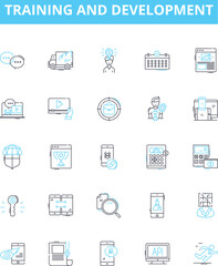 Training and development vector line icons set. Training, Development, Learning, Coaching, Instruction, Course, Educating illustration outline concept symbols and signs