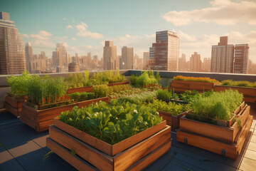 Sustainable living practices in urban areas. Eco friendly home design and living. garden on rooftop. generative ai
