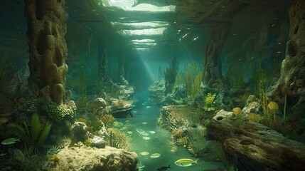 In 10000 BC, there was an underground water cave that included subterranean rivers, lakes, cenotes, and trees. It's a background for adventure games. AI-generated